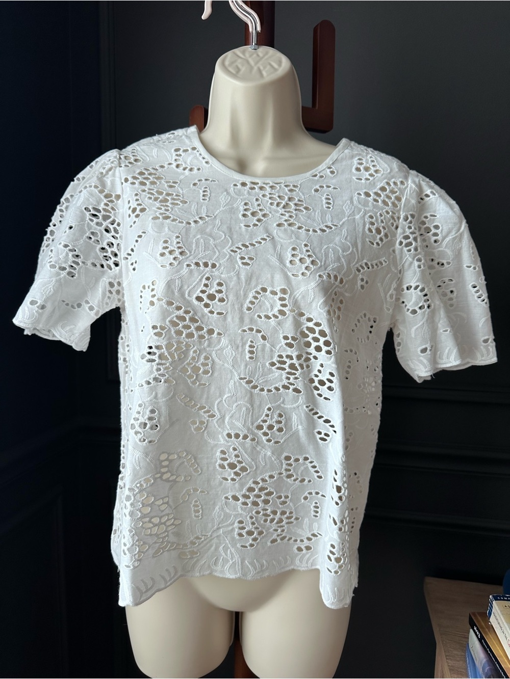 NICOLE MILLER White Eyelet Lace Short Sleeve Top 100% Cotton XS